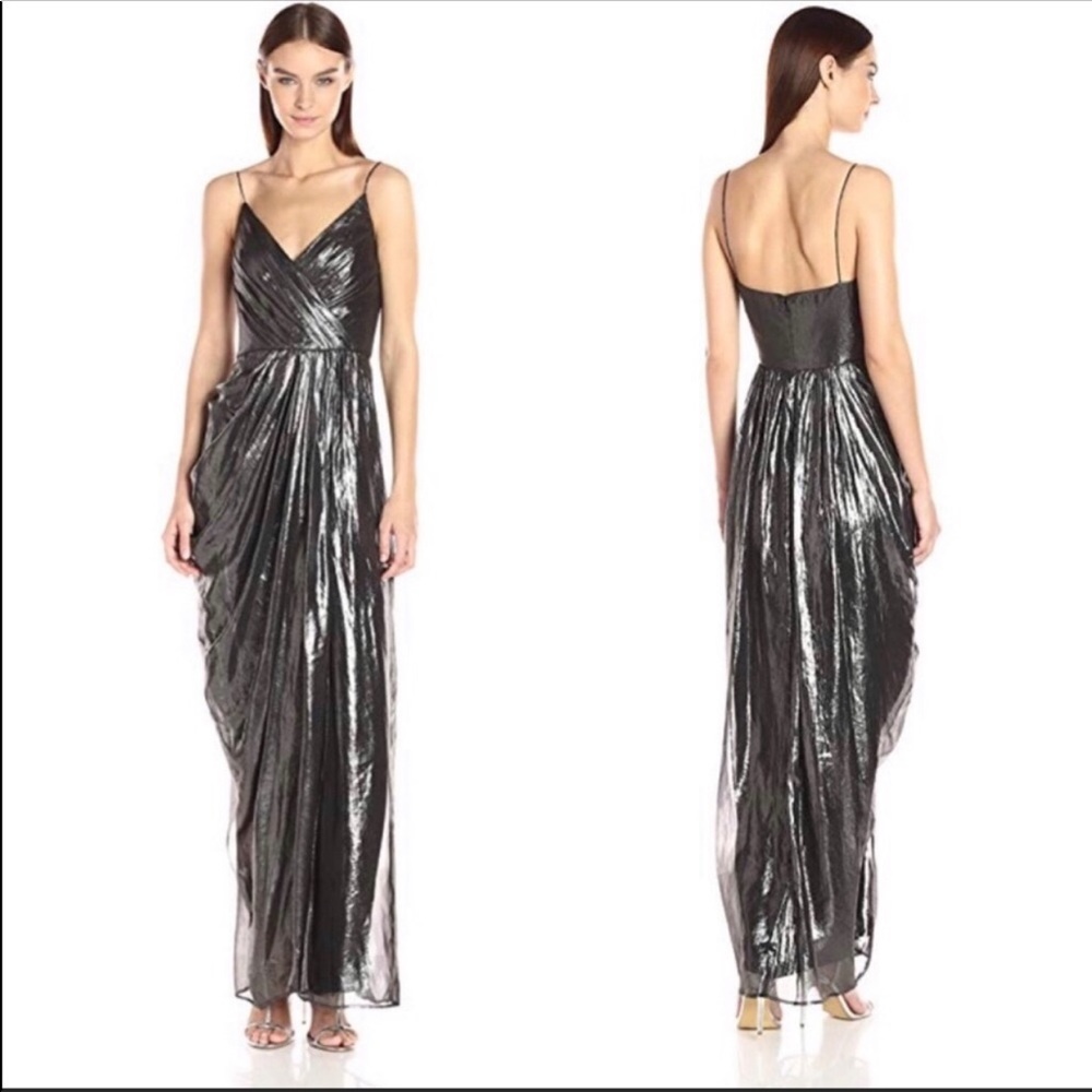 Vera Wang Gunmetal Shimmer Spaghetti-Strap Maxi Gown